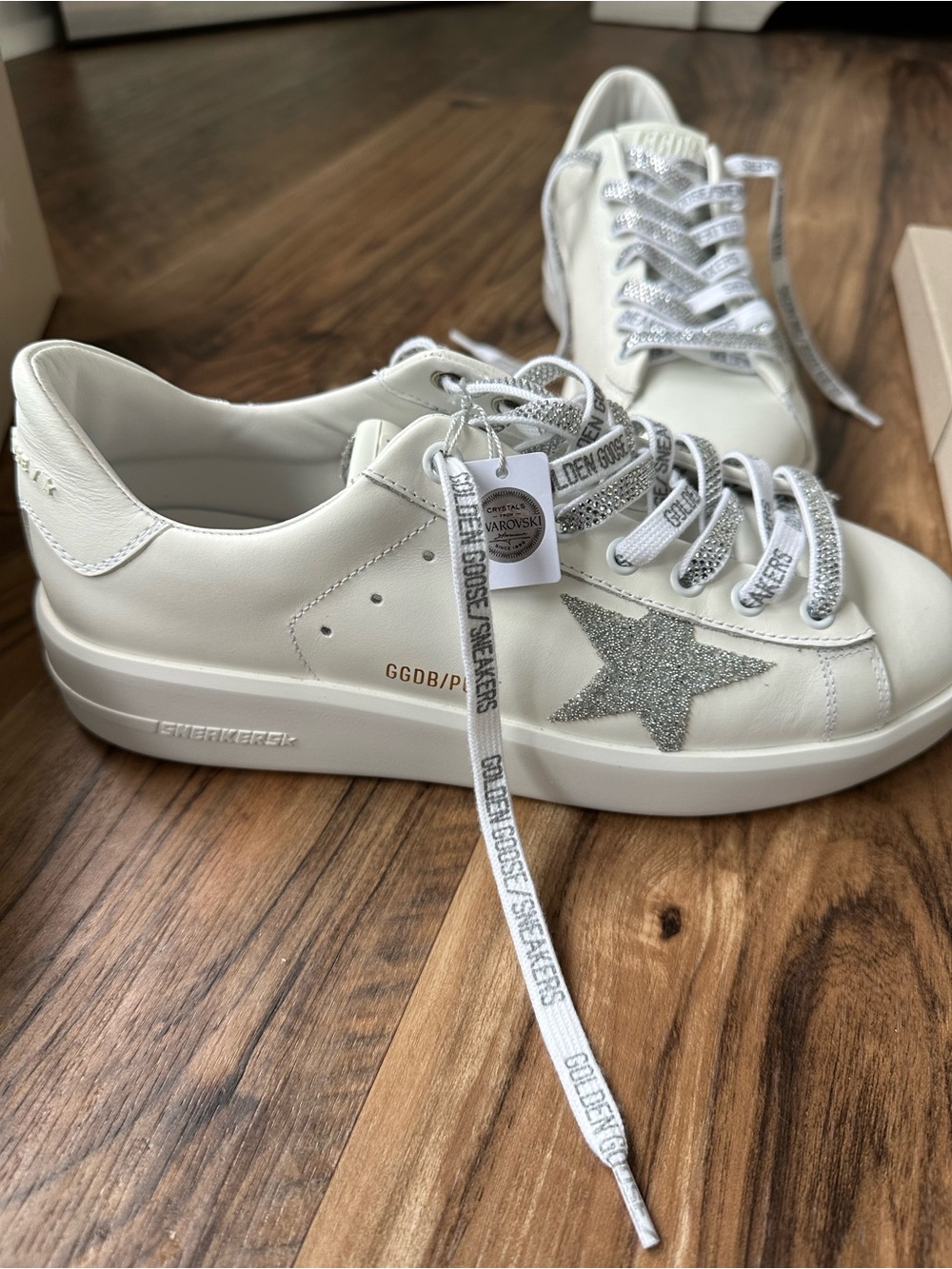 Golden Goose White Leather Sneakers with Silver Crystal Star Accent - Picture 12 of 14